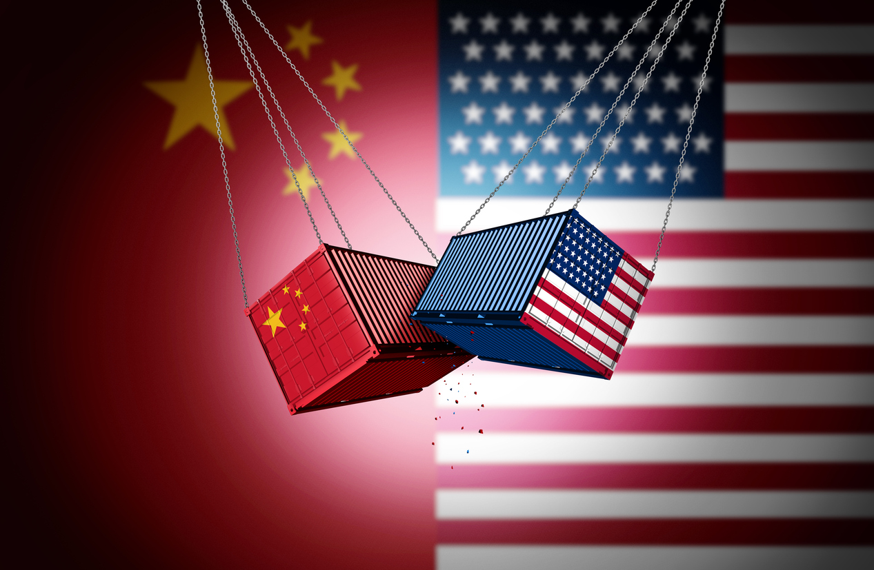 USA China Tariff Conflict as US and Chinese trade war or American tariffs as two opposing cargo freight containers as an international economic dispute over import and exports concept.
