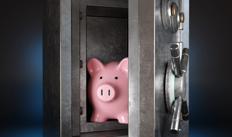 Pink piggy bank in a silver metallic vault safe having a handle wheel on dark background. Illustration of the concept of protection for savings account and financial security