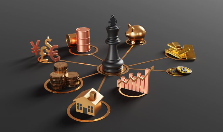 Variety of gold assets surrounding and connecting to the king chess piece in the center in a black background. Illustration of the concept of investment portfolios and wealth diversification